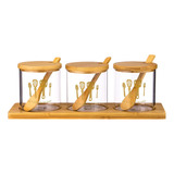 Porta Temperos Condimentos Vidro Tampa Colher Bandeja Bambu