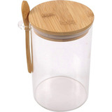 Pote De Vidro Redondo Tampa Bambu Hermético Com Colher 700ml