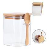 Pote Vidro Com Tampa Bambu E Colher Hermético 500ml Temperos