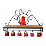 Prateleira Café Madeira Rústica Ferro Vermelha Canecas 60 Cm