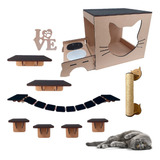 Prateleira Para Gato Com Comedouro 10 Pcs Cor Cru Com Carpete