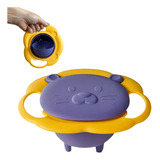 Prato Giro Bowl Infantil Roxo E Amarelo Sem Bagunça Pratinho Mágico Giratório Com Tampa Gira 360 Para Bebê E Criança Não Derrama