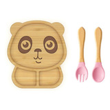 Prato Infantil Bebê De Bambu Ecológico C Ventosa E Talheres