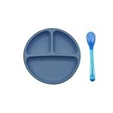 Prato Infantil Com Ventosa E Colher Infantil Ambos Em Silicone Resistente Ao Calor E Livre De BPA Azul 