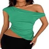 PRETTYGARDEN Regata Feminina De Verão 2025 Com Ombros De Fora- Sem Mangas- Um Ombro Só- Franzida- Assimétrica Y2K- Verde Claro- P