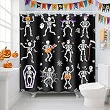 Prewplam Cortina De Chuveiro De Halloween - Cortina De Chuveiro Engraçada Com Esqueleto De Caveira Preta- Lavável Na Máquina- Tecido Impermeável Para Decoração De Banheiro Com 12 Ganchos 182 X 182 Cm