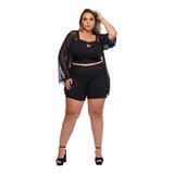 Promoção Conjunto Kimono Cardigan Short Ecropped Plus Size