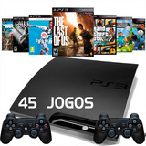 Ps3 Playstation 3 Slim 250gb   2 Controles   45 Jogos   Gta5   The Last Of Us   Call Of Duty   Fifa 19
