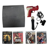 Ps3 Playstation 3 Slim 256gb Sony Cech 3001a 1 Bastão 1 Pistola 1 Câmera 3 Cabos E 4 Jogos Ver Descrição
