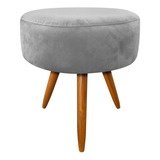 Puff Banqueta Berlim Redondo Suede Cinza Pés Castanho