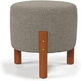 Puff Banquinho Redondo Decorativo Thor Em Linho Pés Madeira Maciça Cor Cinza