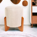 Puff Decorativo Redondo Banqueta Luxo Sala Linho Pés Madeira