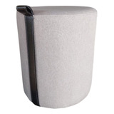 Puff Linho Redondo Madeira Couro Banqueta Decorativo Luxo Pé