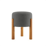 Puff Redondo Estofado Pés Em Madeira Pufe Banqueta Elegante Cor Suede Cinza