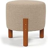 Puff Redondo Luxo Decorativo Charme Com Pés De Madeira Linho Bege