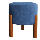 Puff Redondo Pés Palito Sala Escritório Banqueta Linho Azul