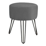 Puff Suede Cinza Pé De Ferro Preto Para Sala E Hall Entrada