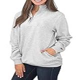 Pulôver Feminino Samefar Quente E Aconchegante De Gola Alta E Manga Comprida Com Zíper 1-4 Liso Com Bolsos- Cinza- X-Large
