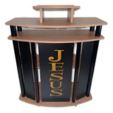 Púlpito Madeira Amêndoa Tubo Preto Com Placa Mdf Preta M09