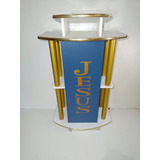 Púlpito Madeira Branca Tubo Dourado Placa Azul E Friso M08