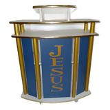 Púlpito Madeira Branca Tubo Dourado Placa Azul E Friso M09
