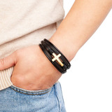 Pulseira Bracelete Masculino Couro Cruz Fecho