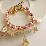 Pulseira Com Berloques De Torre Eiffel Estrela Flor E Strass