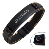 Pulseira Couro Masculina Magnética Gratidão Costura Laranja
