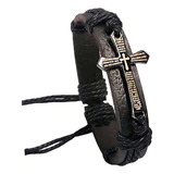 Pulseira Couro Masculina Pingente Cruz Pai Nosso Bracelete Comprimento 9 Cm Diâmetro 7 Cm