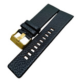 Pulseira Couro Preto 24mm Diesel Dz4297 Fivela Dourada