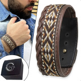 Pulseira De Couro Masculina Lisa Indígena Ajustável