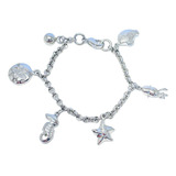 Pulseira Elos Com 6 Berloques Peixe Fundo Mar Praia Aço Inox