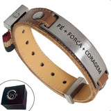 Pulseira Fé Força E Coragem Couro Legítimo Marrom Bracelete