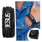 Pulseira Jesus Couro Bracelete Couro Preto Pingente Jesus