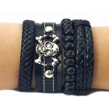Pulseira Masculina Caveira Kits C 4 Peças Reguláveis