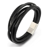 Pulseira Masculina Couro Preto Fecho Imã Alto Padrão Luxo