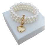 Pulseira Perolas Coracao Feminina