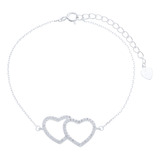 Pulseira Prata 925 Amor Eterno Dois Corações Pedra Zircônia