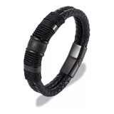 Pulseira Preta Masculina Couro Aço Bracelete