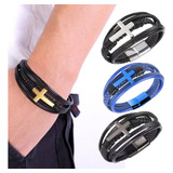Pulseira Tribal Cruz Executiva Masculina Couro Elegante Luxo Comprimento 18 Cm Cor Cruz Preta Diâmetro 0 Cm