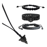 Pulseiras De Couro Masculinas Kit C/03 + Colar Tribal