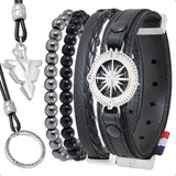 Pulseiras Masculinas Kit C 04 Bussola 2 Colares Flecha Top