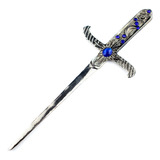 Punhal Adaga Metal Banho No Prata Velho Stras Azul 19cm