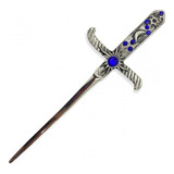 Punhal De Metal Cor Prata Envelhecida E Pedra Azul Com 19cm