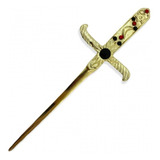 Punhal Metal Dourado Brilhante E Pedra Preta E Vermelha 19cm