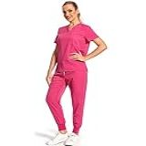 PuriPure Conjunto De Uniformes Para Mulheres Blusa De Uniforme Com Decote Em V E Calças De Uniforme De Corrida Rosa Choque Grande