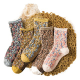 Qk 5 Pares Meias Florais Bordadas Vintage