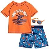 Quad Seven Conjunto Rash Guard Para Bebês Meninos Camisa De Natação De Manga Curta De 3 Peças Calção De Banho E óculos De Sol Combinando 12M 4T Golfinho Laranja 12 Months