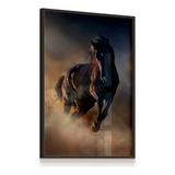 Quadro 53x73 Vidro Cavalo Preto Horse Selvagem Areia Sala