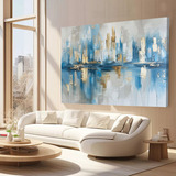 Quadro Abstrato Azul E Dourado Moderno Sala 100x150cm